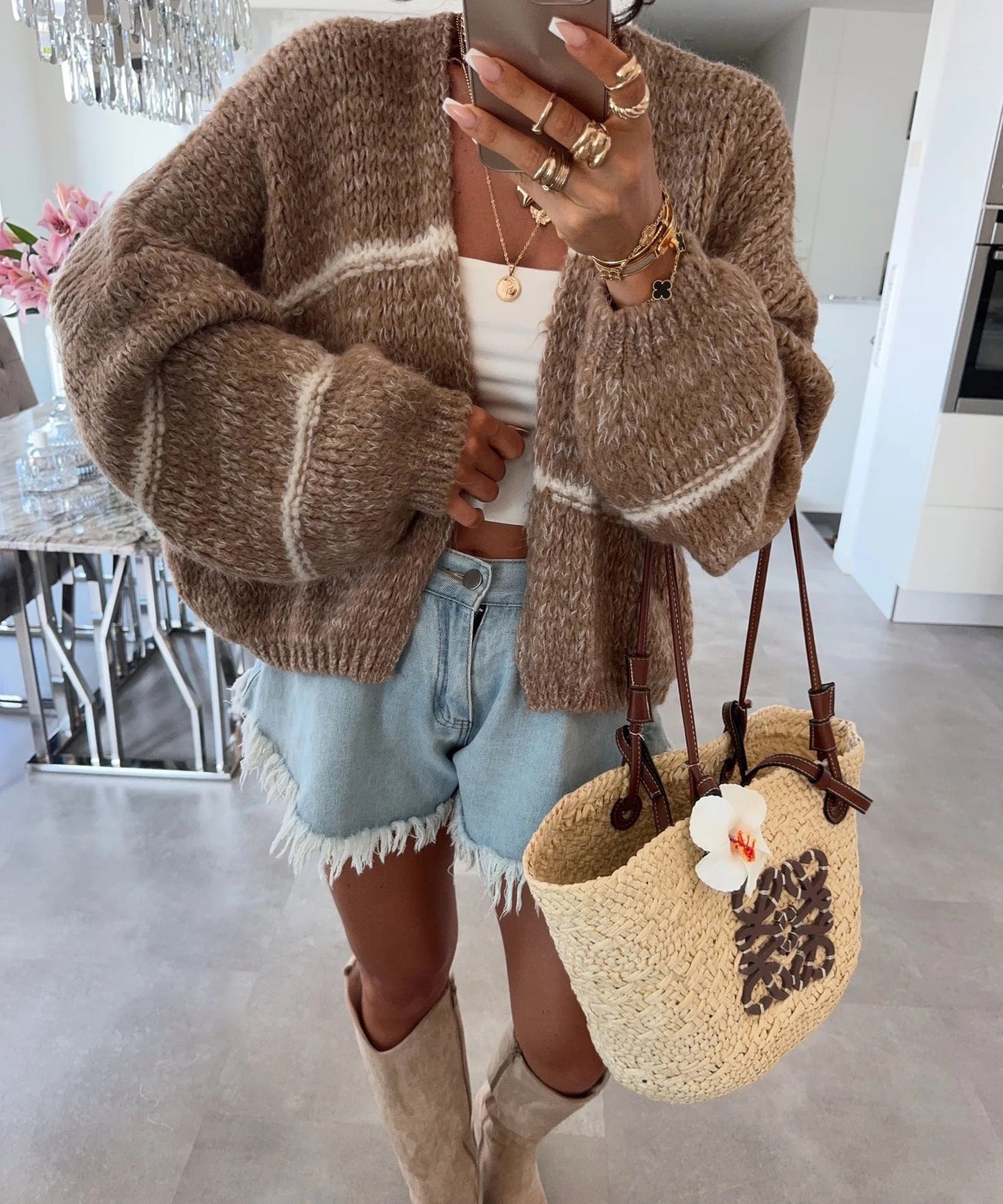Damen Strickjacke Oversized Modern Details Beige