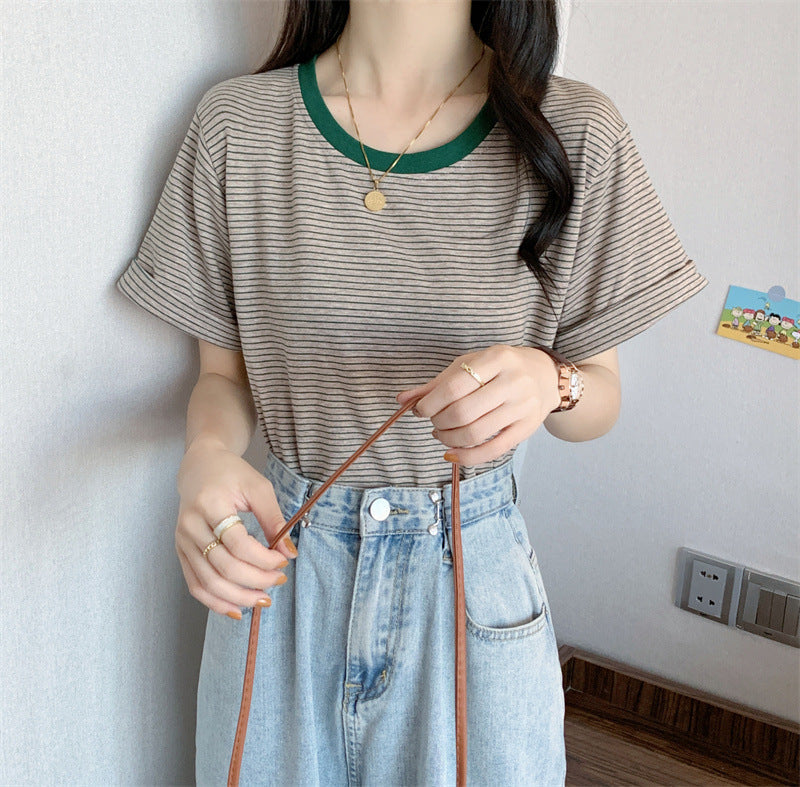 Damen T-Shirt Streifen Rundhals Bequem