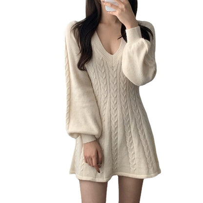 Damen Strickkleid V-Ausschnitt Zopfmuster Norvielle