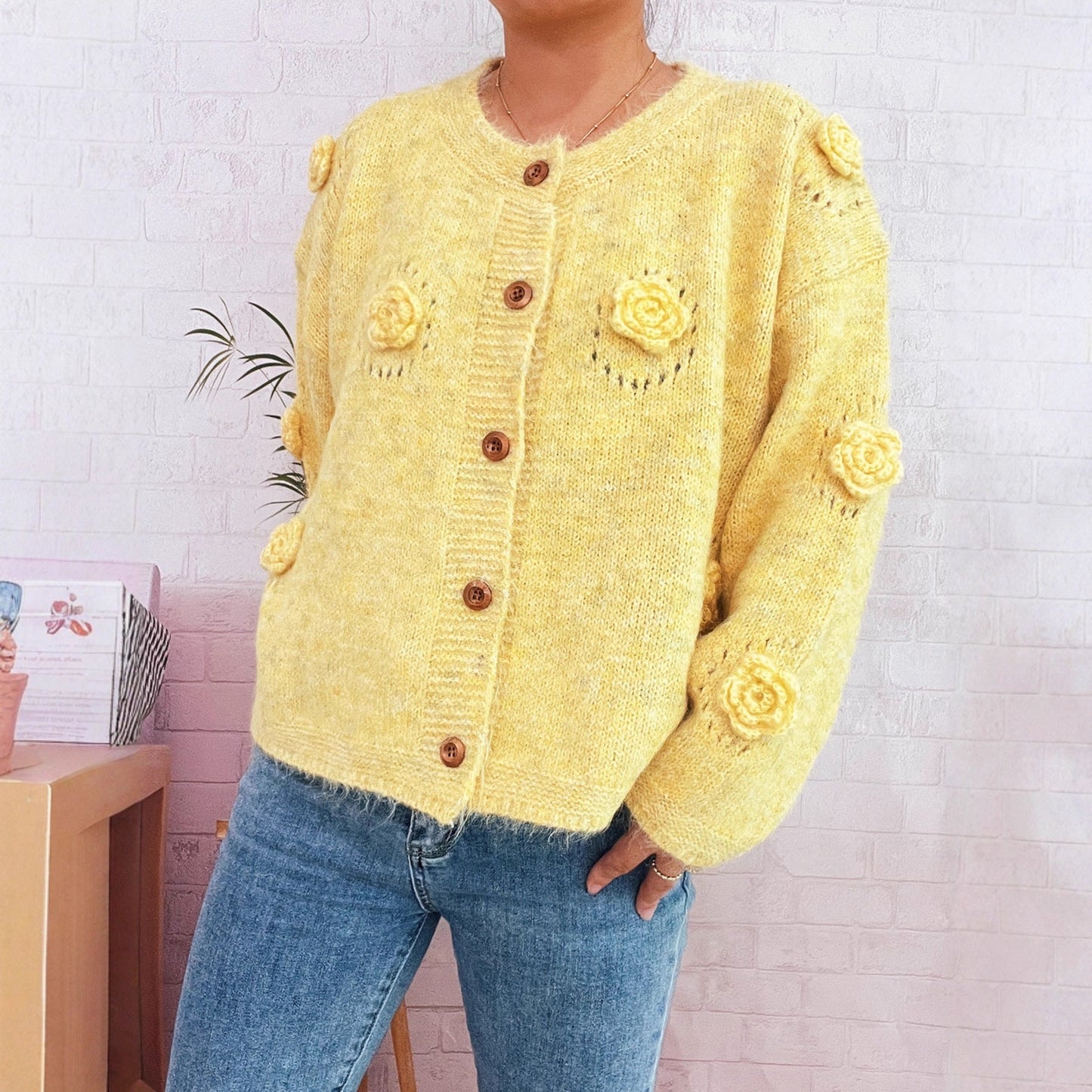 Damen Strickjacke mit Floralmuster und Knöpfen Norvielle - Norvielle