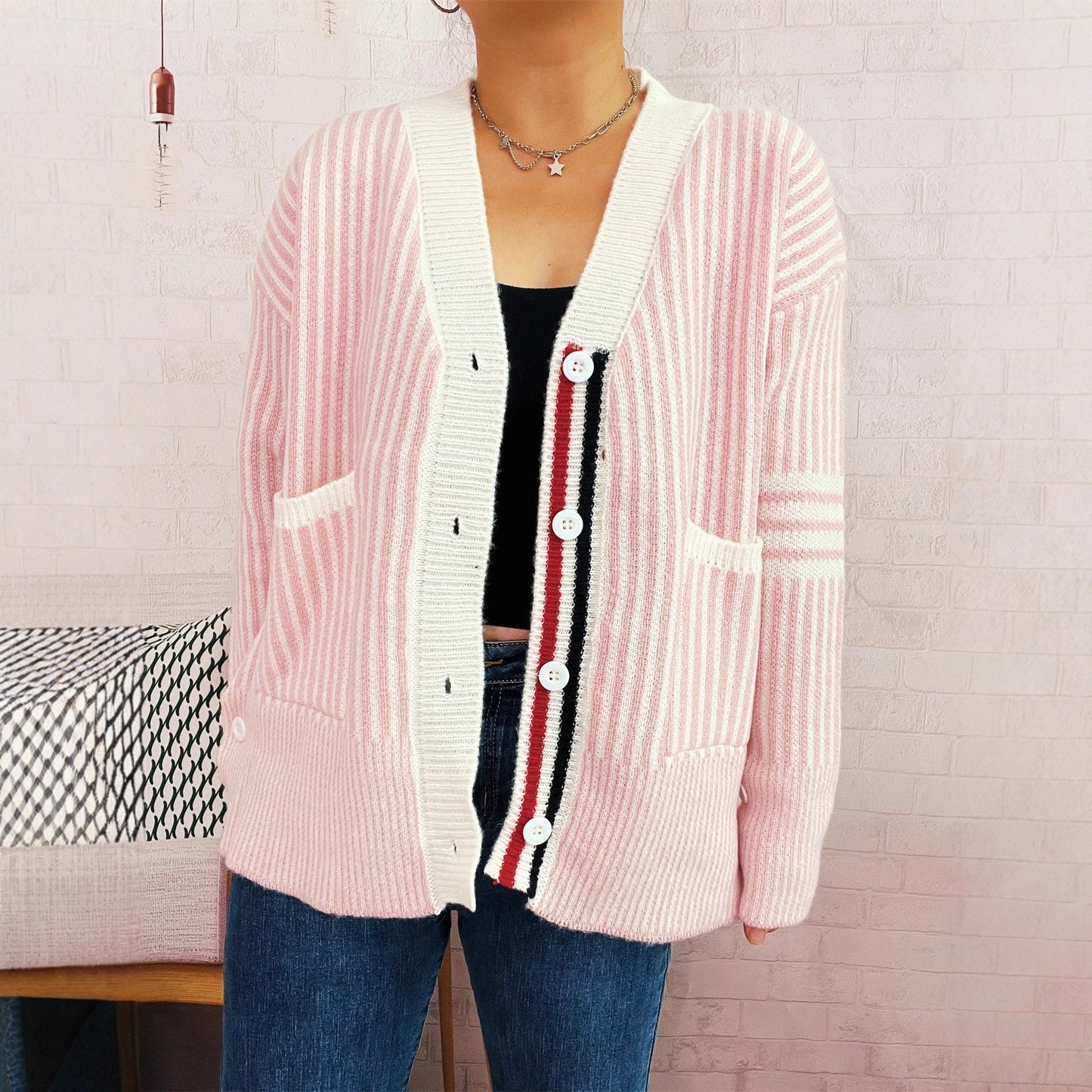 Damen Strickcardigan Streifenmuster mit Taschen und Knöpfen Beige