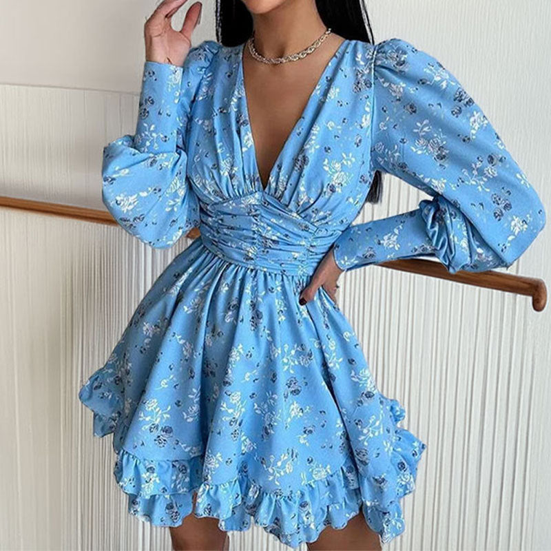 Damen Kleid Kurz Ärmel Blumenmuster
