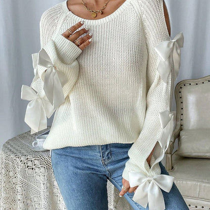 Damen Strickpullover Offene Armgestaltung Dekorative Schleifen
