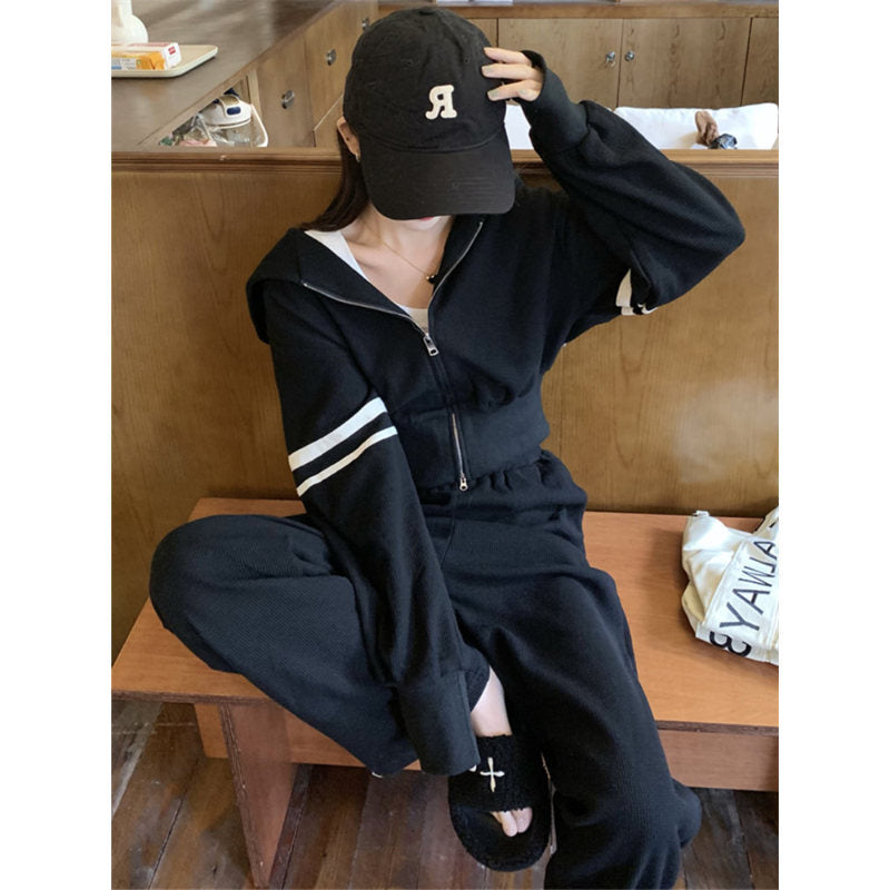 Damen Sportset Hoodie Jogginghose Baumwolle Weite Passform Schwarz - Norvielle