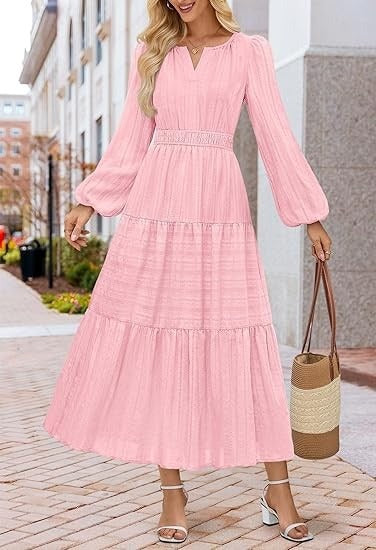 Damen Maxikleid mit Puffärmeln und Smoktaillen Norvielle