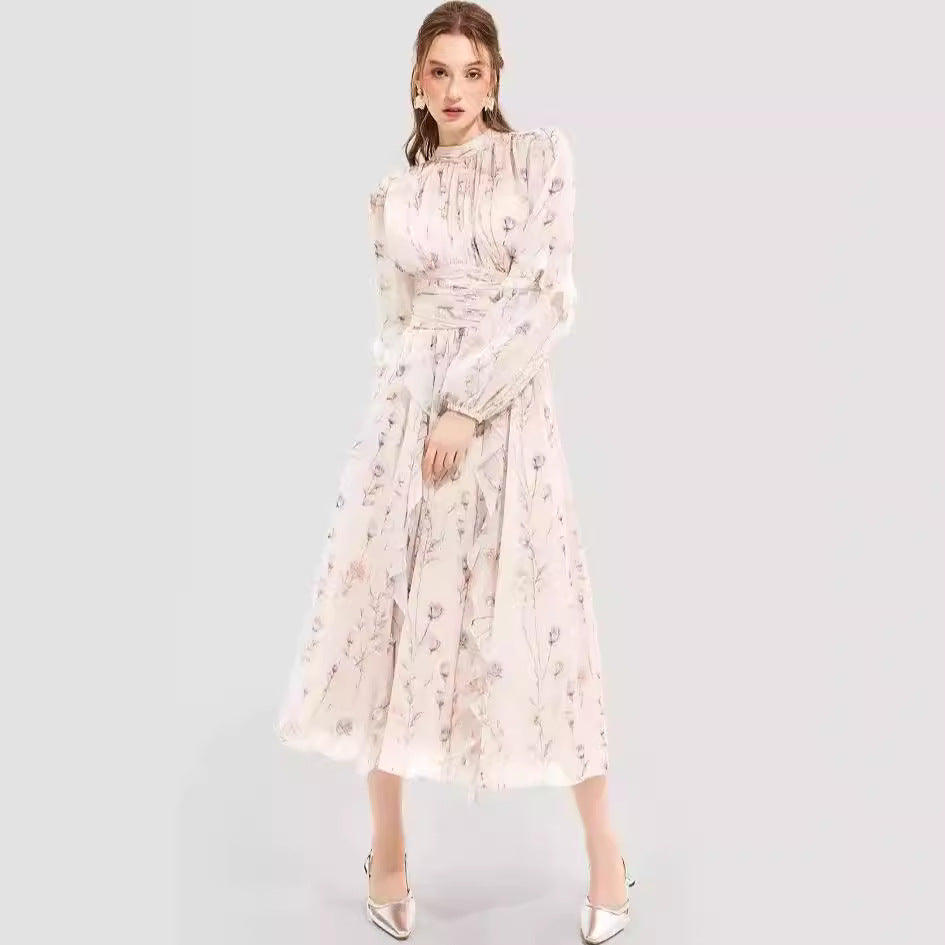 Damen Midi-Kleid Florale Stickerei Rüschensaum Norvielle
