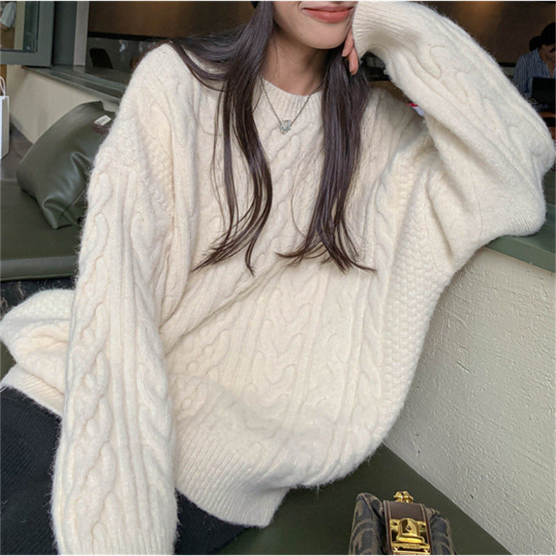 Damen Grobstrickpullover Zopfmuster Weitschnitt
