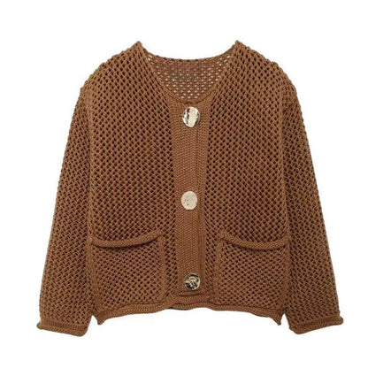 Damen Netzstrickjacke mit Taschen und Knöpfen Norvielle