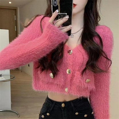 Damen Flauschiger Cardigan mit Knöpfen und Taschen - Norvielle
