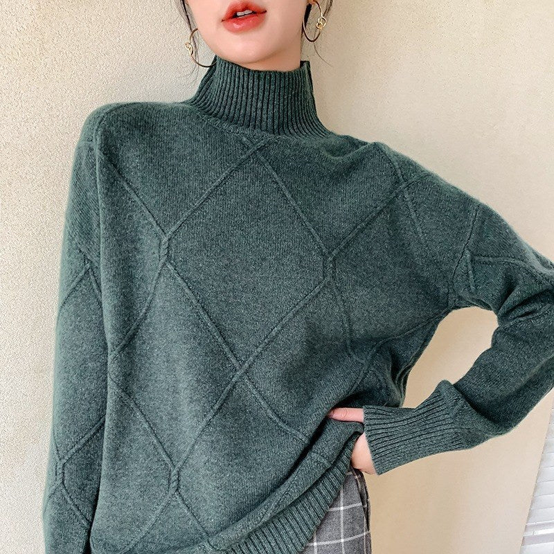 Damen Pullover Hochgeschlossener Kragen Strukturiertes Rautenmuster