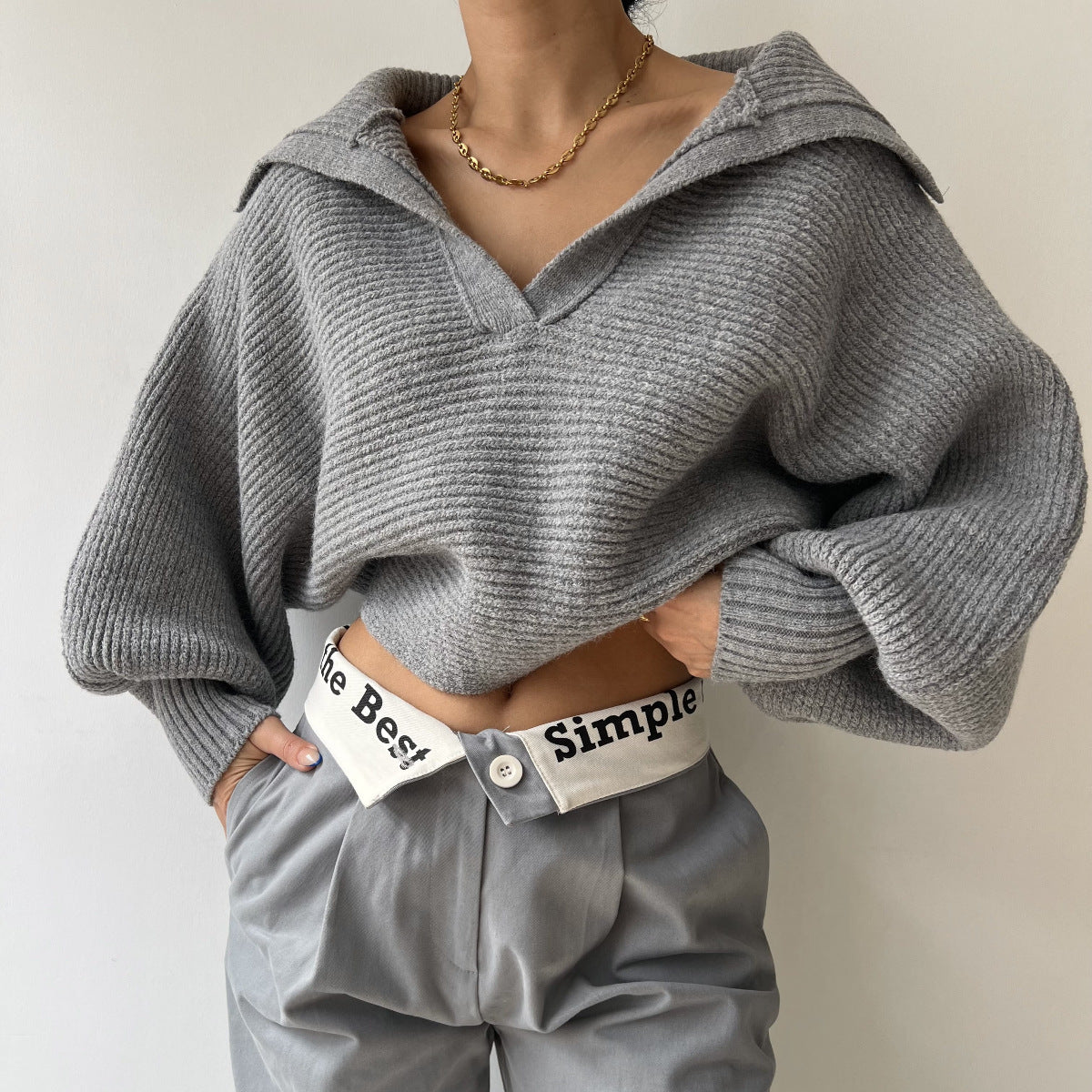 Damen Pullover Cropped mit hohen Ärmeln Norvielle