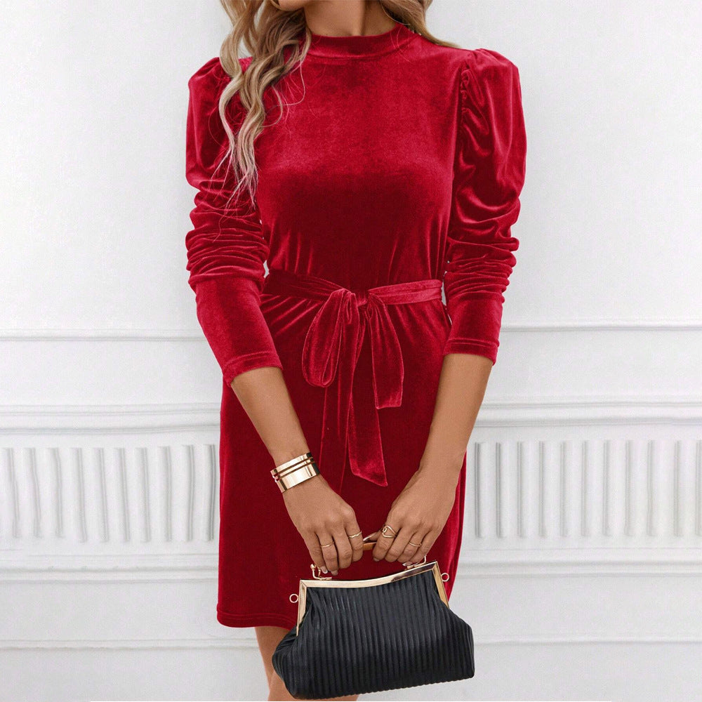 Damen Samtminikleid mit Schleifenbund und Puffärmeln