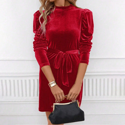 Damen Samtminikleid mit Schleifenbund und Puffärmeln