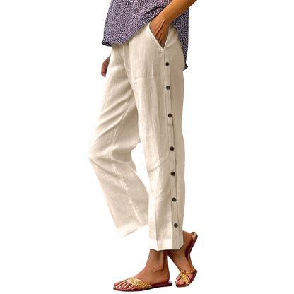Damen Leinenhose Bequem Mit Knöpfen