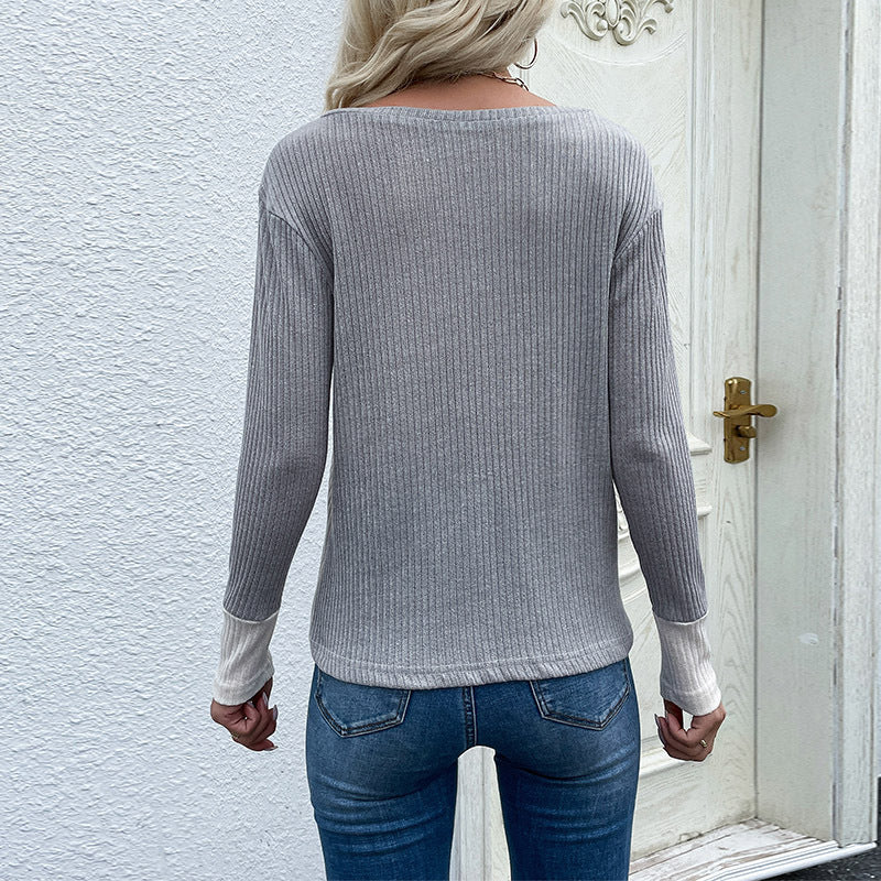 Damen Langarmshirt Gemustert V-Ausschnitt Taschen Norvielle