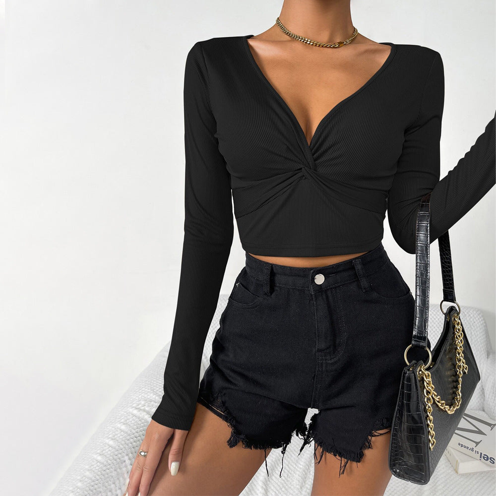 Damen Cropped Langarmshirt mit Knotendetail weiß