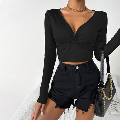 Damen Cropped Langarmshirt mit Knotendetail weiß