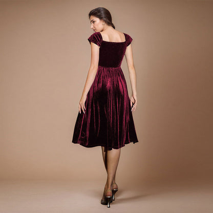 Damen Samt-Kleid Midi V-Ausschnitt Elegantes Taillieren Dunkelblau