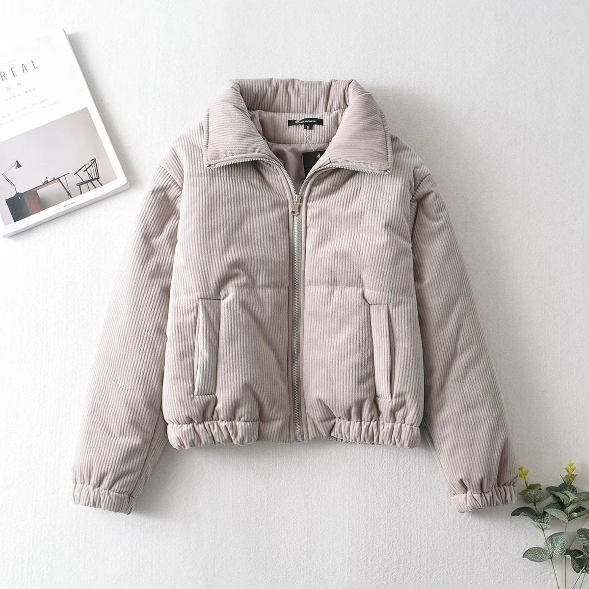 Damen Cordjacke Elastische Bündchen Hochkragen Beige
