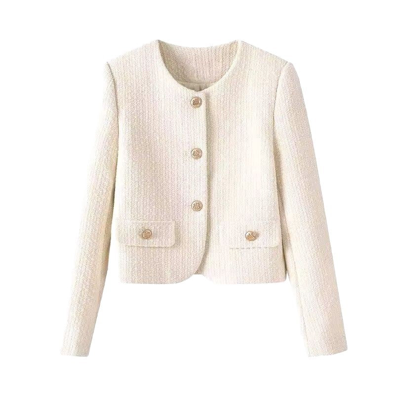 Damen Kurzjacke Tweed-Stil Goldknöpfe Beige
