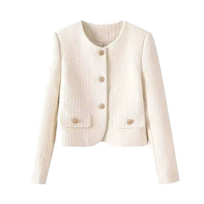 Damen Kurzjacke Tweed-Stil Goldknöpfe Beige
