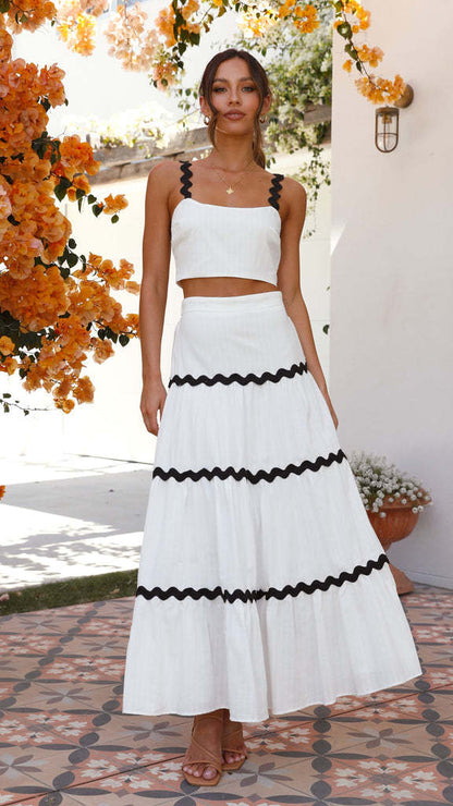 Damen Crop- Set Voluminöser Rock Ziersaum