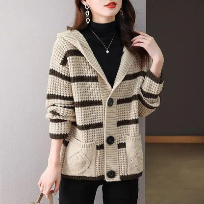 Damen Strickjacke Gestreift Kapuze Große Taschen