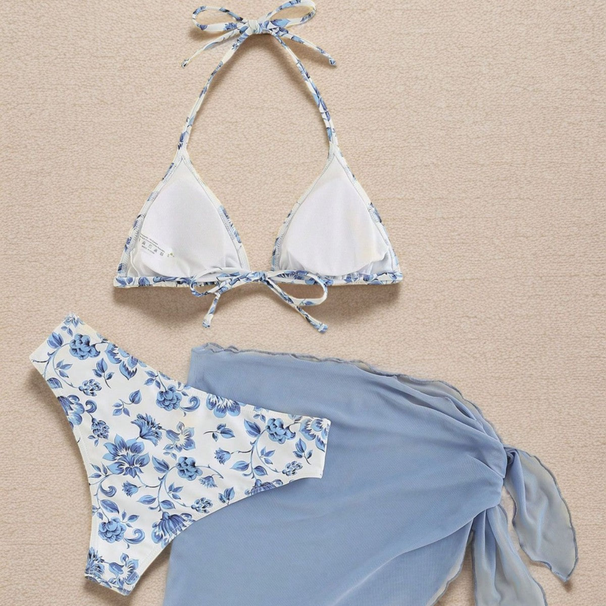 Damen Triangel-Bikini-Set Blumenmuster mit Pareo