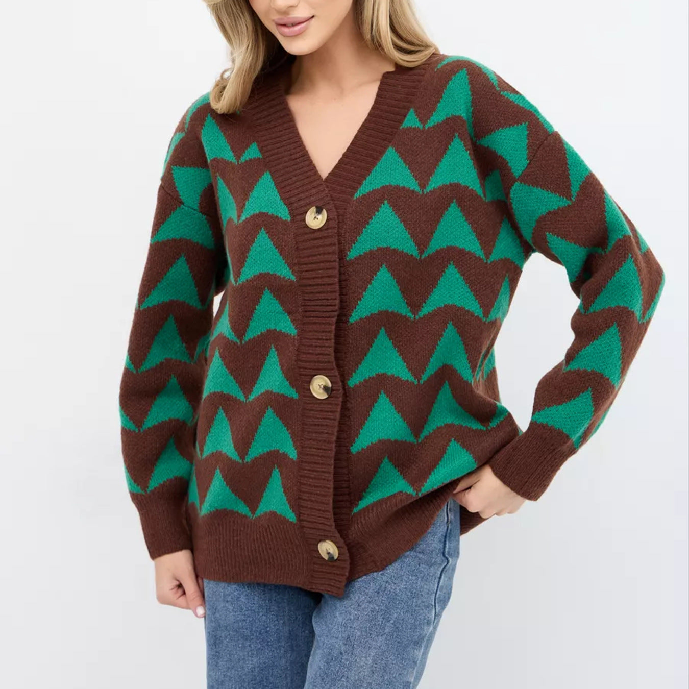 Damen Cardigan Wellenmuster Goldknöpfe Beige