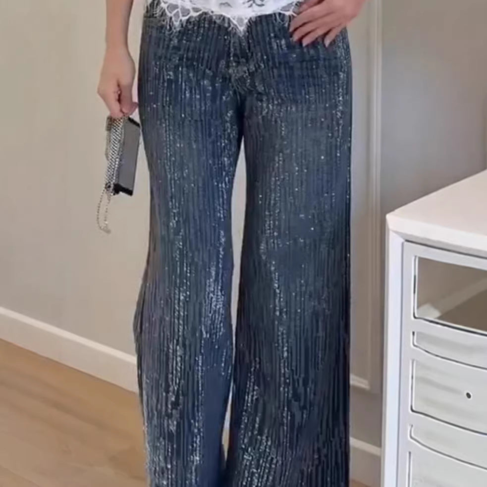 Damen Weite Jeans Glitzernd Elegantes Design Schwarz - Norvielle