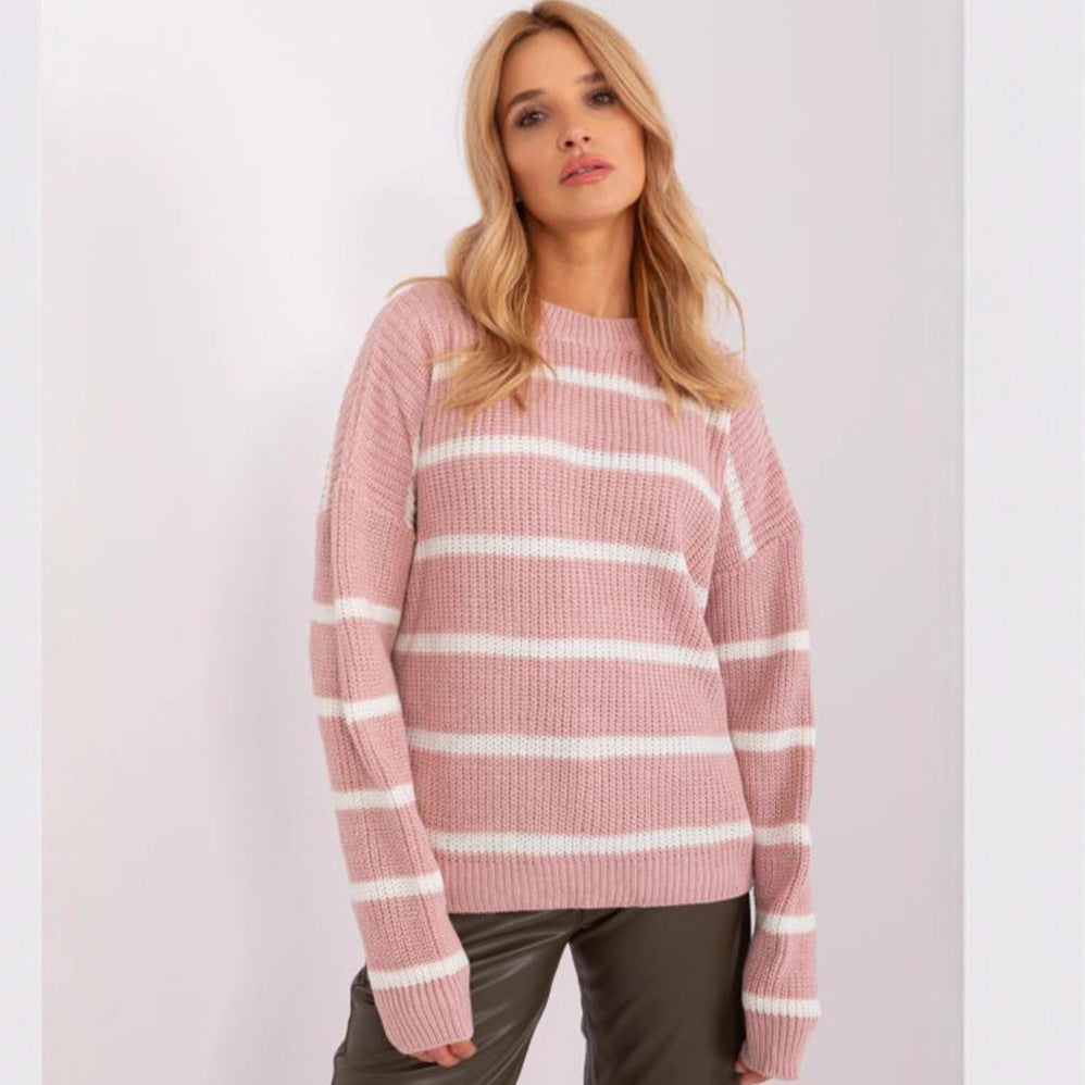 Damen Grobstrickpullover Rundhalsausschnitt Lässiges Streifenmuster - Norvielle