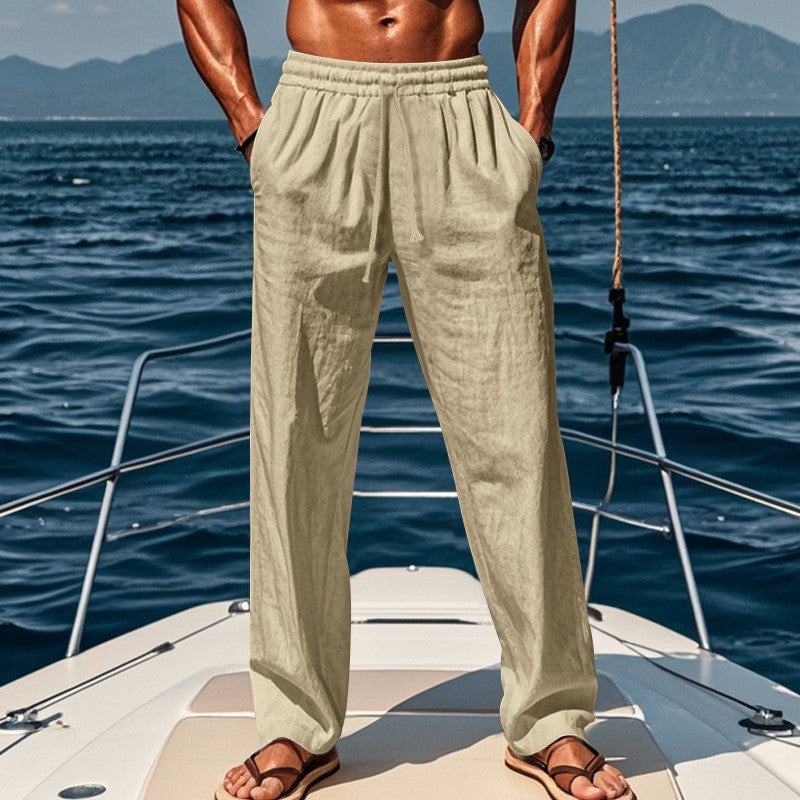 Herren Leinenhose Elastischer Bund Atmungsaktives Gewebe Beige