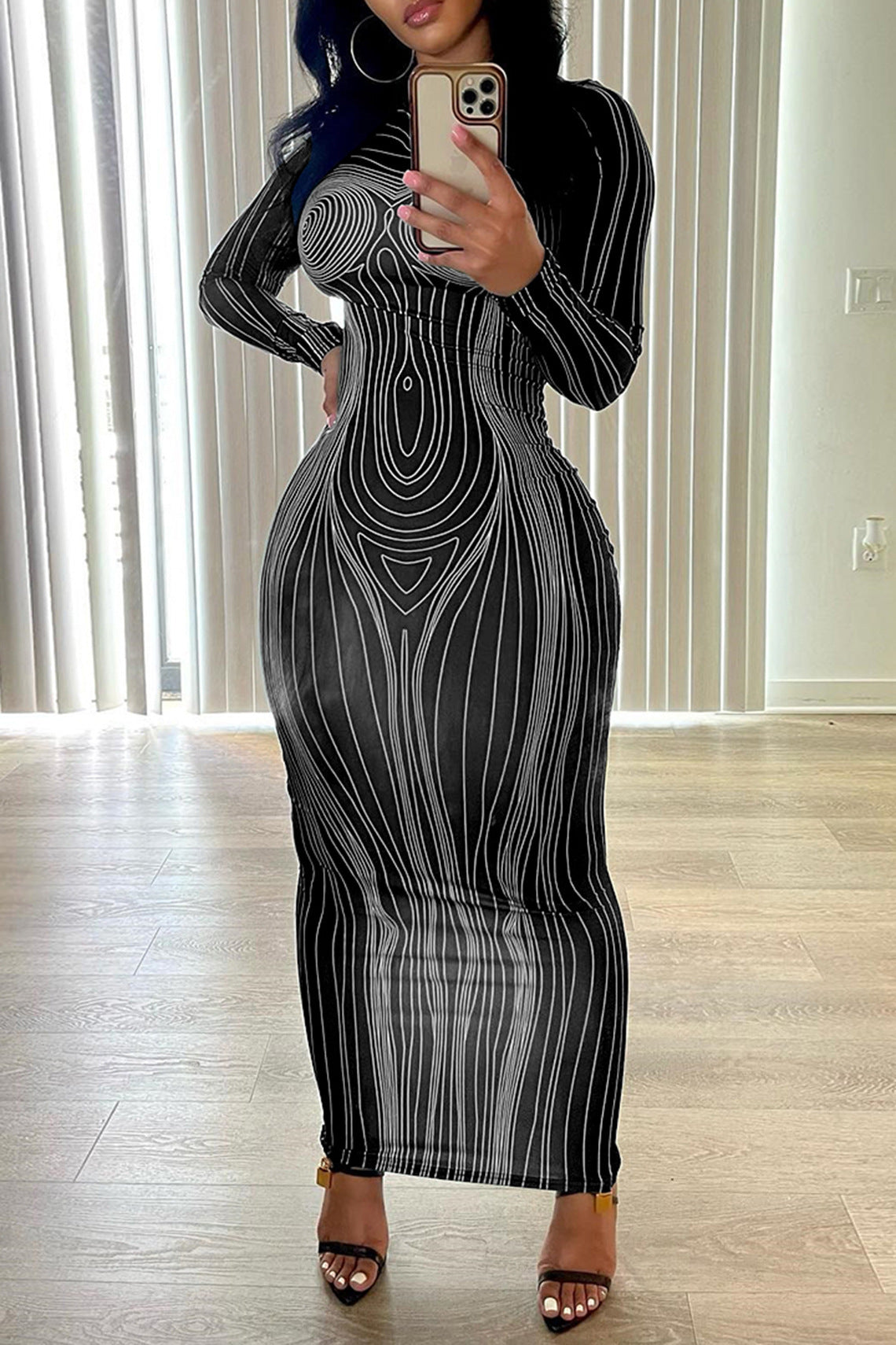 Damen Langarm-Maxikleid Figurbetont Modernes Grafikdesign