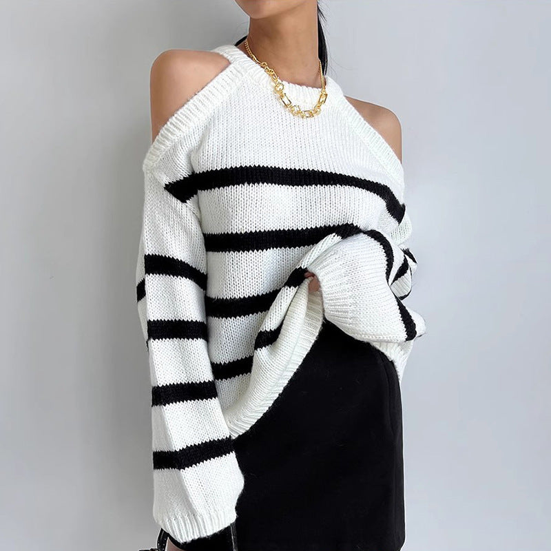 Damen Oversized Pullover Offene Schulter Streifenmuster