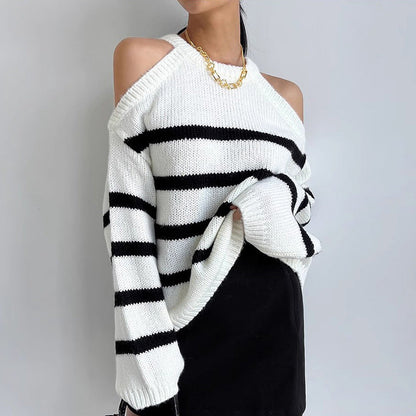 Damen Oversized Pullover Offene Schulter Streifenmuster