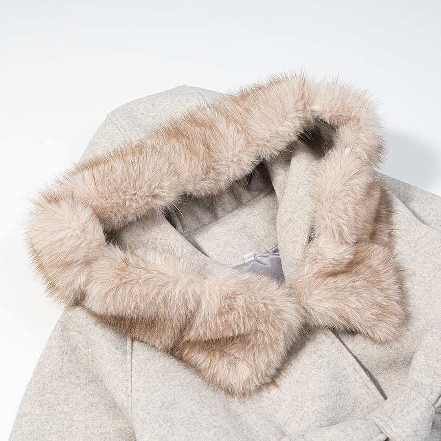 Damen Wolljacke mit Kapuze Teddyfutter Beige