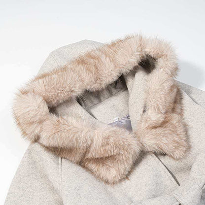 Damen Wolljacke mit Kapuze Teddyfutter Beige