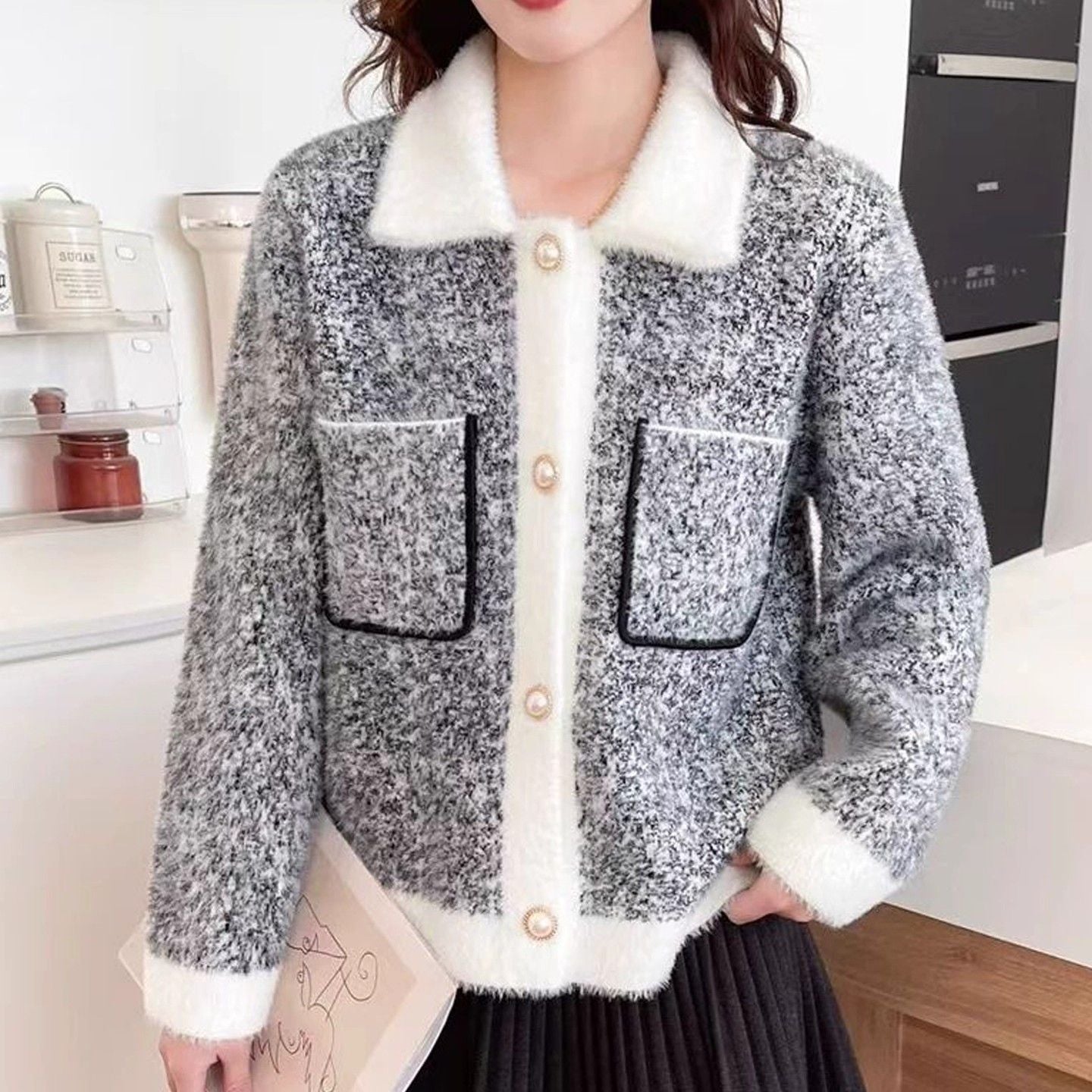 Damen Jacke Kuschelig Kontrasttaschen Norvielle