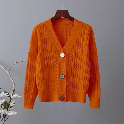 Damen Grobstrickjacke V-Ausschnitt Dekorative Knöpfe Norvielle