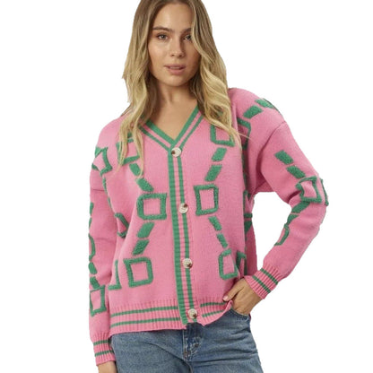 Damen Strickjacke Geometrisches Muster Knopfleiste Norvielle