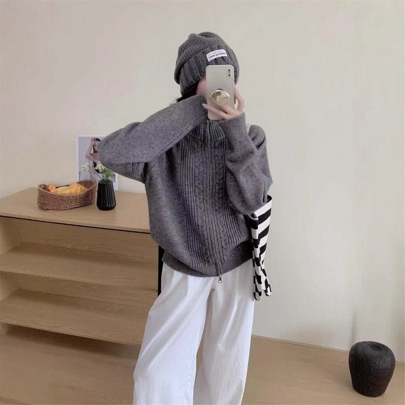 Damen Strickjacke Zippkragen Hochwertig Grün