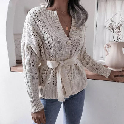 Damen Strickjacke Zopfmuster Taillengürtel Beige