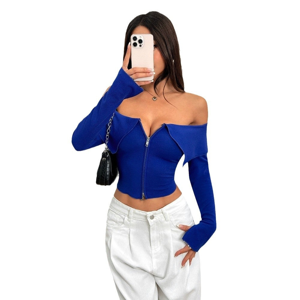 Damen Cropped Oberteil Asymmetrischer Reißverschluss Schulterfrei