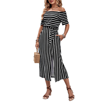 Damen Off-Shoulder Maxikleid Gestreift Norvielle