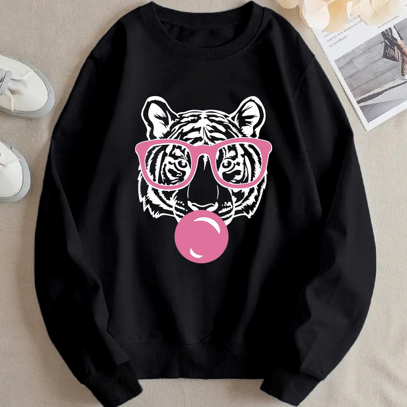 Damen Sweatshirt Tiger-Design Lässig Grau