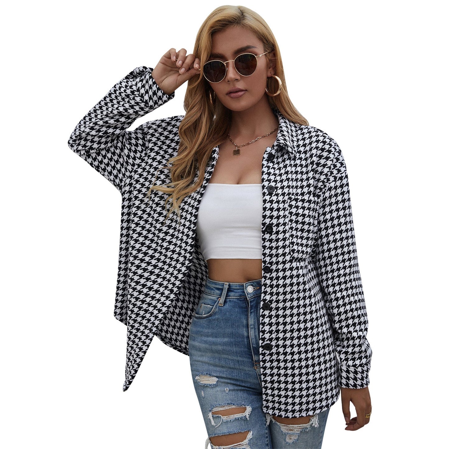Damen Hemdjacke Hahnentritt Muster Locker Norvielle