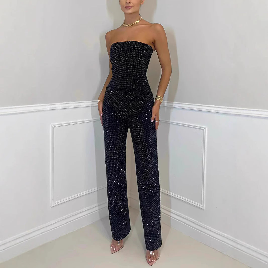 Damen Denim-Jumpsuit Ohne Träger Figurbetont Schwarz - Norvielle