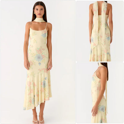 Damen Maxikleid Blumen Chiffon Neckholder Schwarz - Norvielle