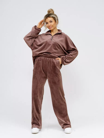 Damen Velours Jogginganzug Hochgeschlossener Kragen Elastisch