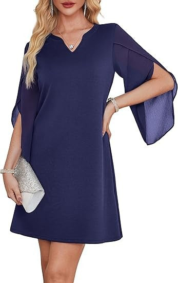 Damen V-Ausschnitt Kleid Durchsichtige Ärmel Norvielle